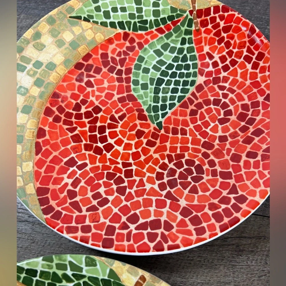 Pier One mosaic fruit plates‎ stoneware 8” apple pear plum orange